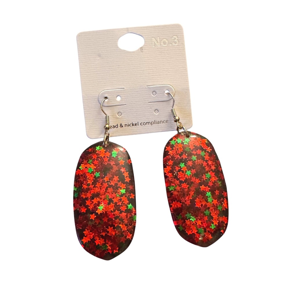 NWT Red Green Star Glitter Resin Dangle Earrings KE8475 GDRD Holiday Jewelry